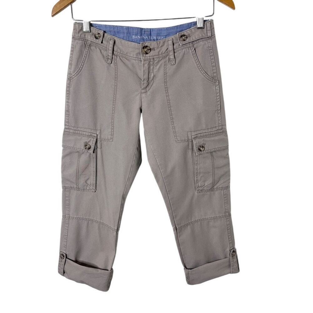 Banana Republic Women's Cargo Chino Pants 00P Khaki Cream Roll Tab Capri Cotton